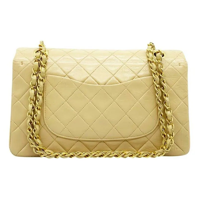 Vintage Chanel Double Flap Medium Shoulder Bag in Luxurious Beige Lambskin Leather with Chain Strap