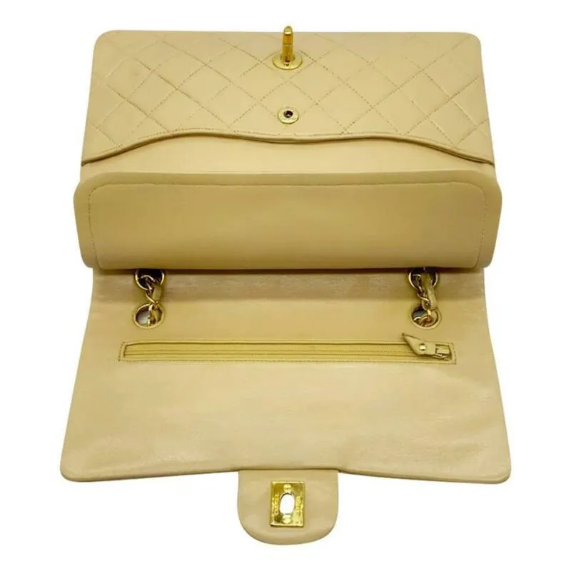 Vintage Chanel Double Flap Medium Shoulder Bag in Luxurious Beige Lambskin Leather with Chain Strap