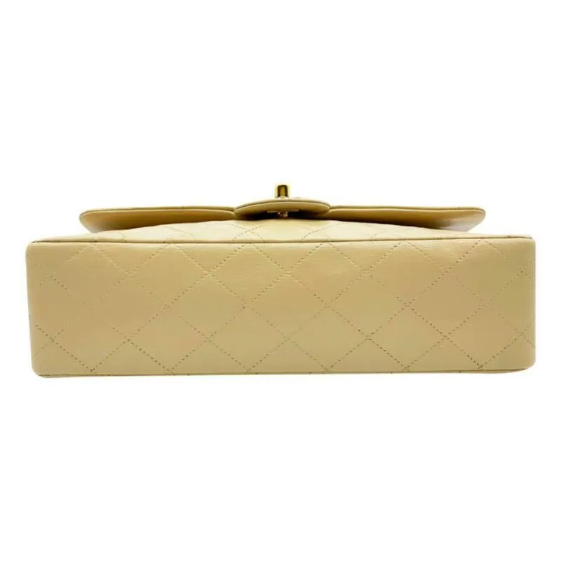 Vintage Chanel Double Flap Medium Shoulder Bag in Luxurious Beige Lambskin Leather with Chain Strap