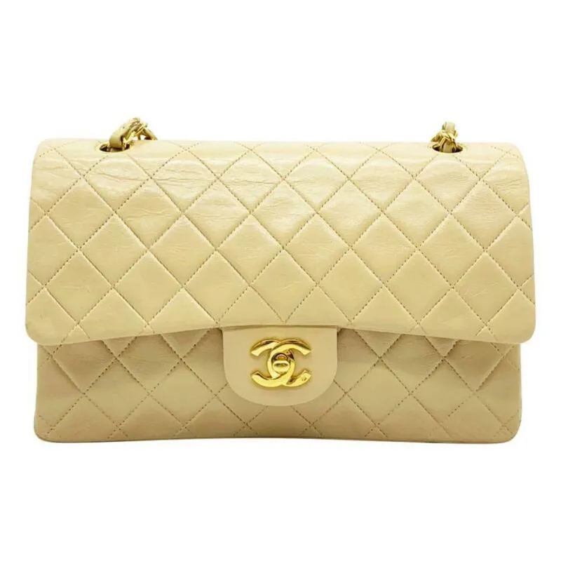 Vintage Chanel Double Flap Medium Shoulder Bag in Luxurious Beige Lambskin Leather with Chain Strap