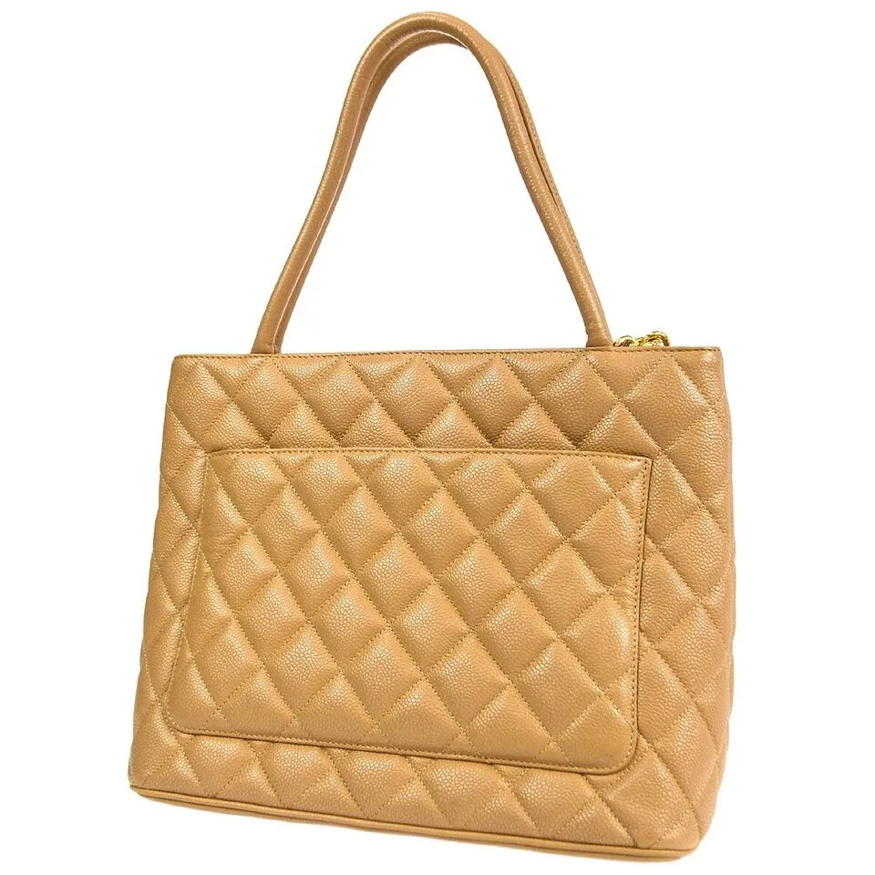 Chanel Medallion Quilted Tote Handbag Beige Caviar Skin Purse 78300