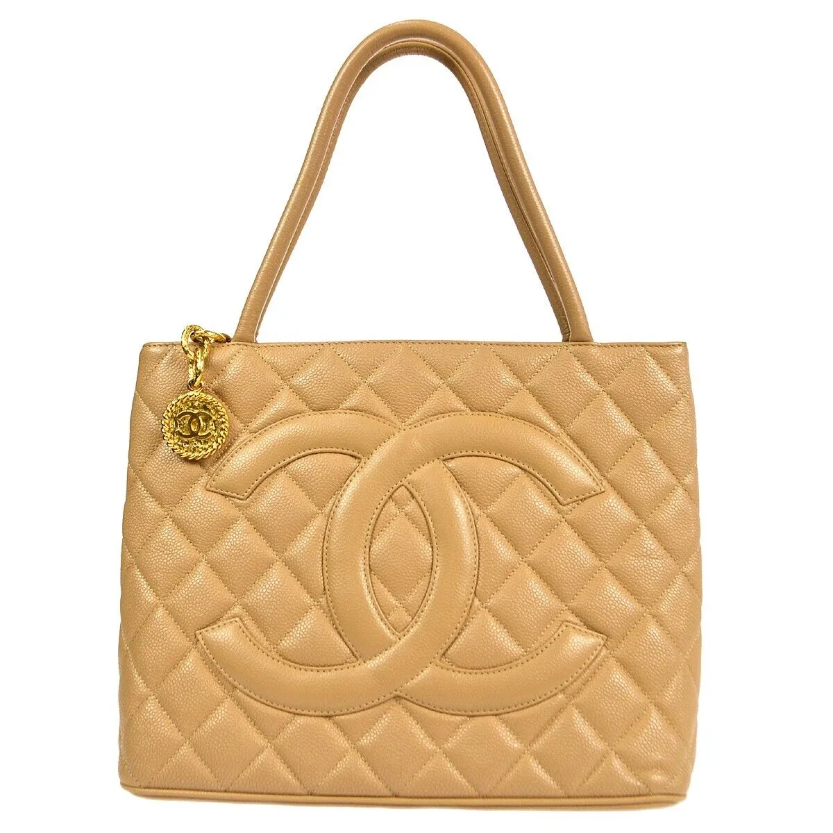 Chanel Medallion Quilted Tote Handbag Beige Caviar Skin Purse 78300