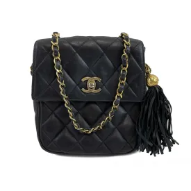 Chanel Small Square Flap Leather Vintage Gold CC Tassel Black Crossbody Handbag