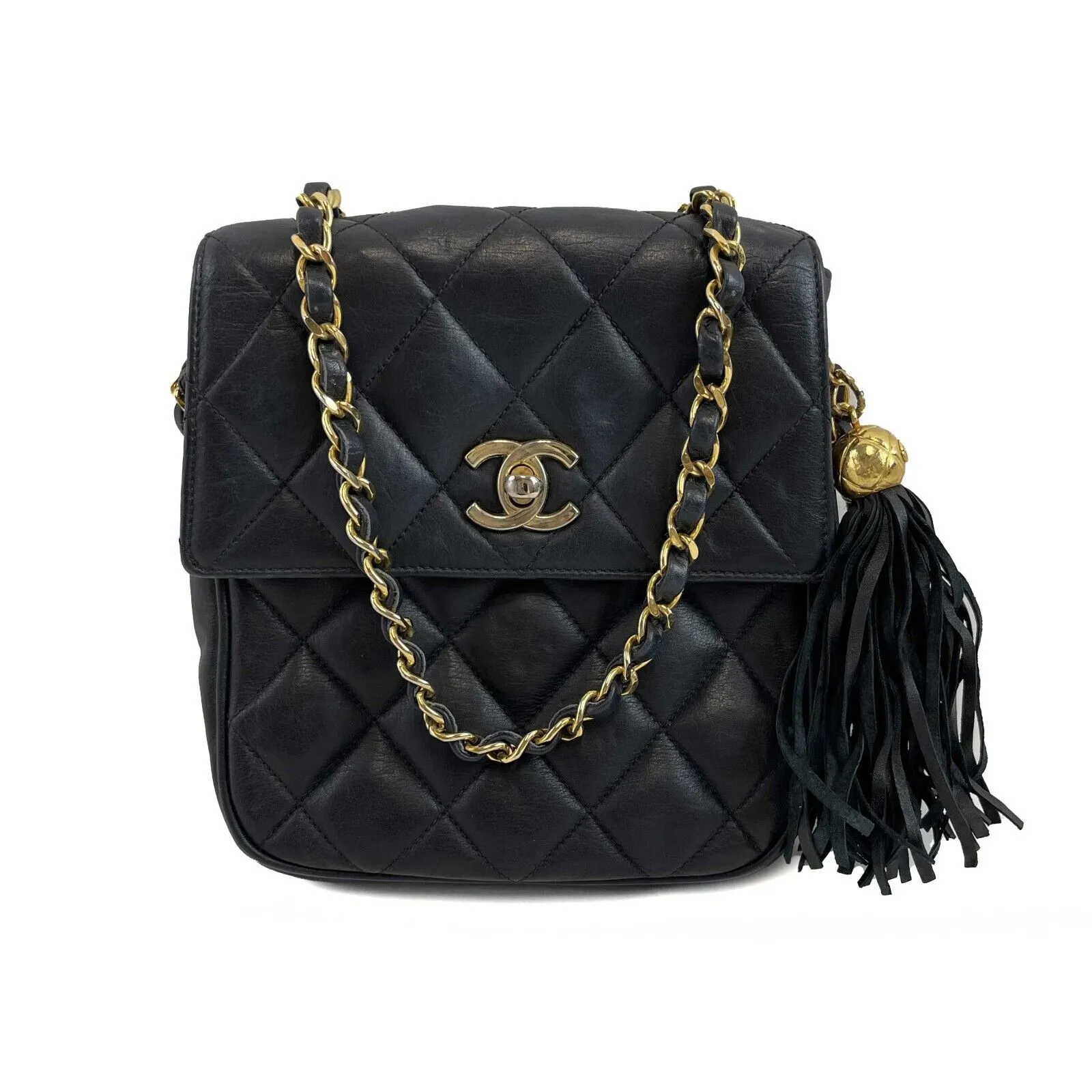 Chanel Small Square Flap Leather Vintage Gold CC Tassel Black Crossbody Handbag