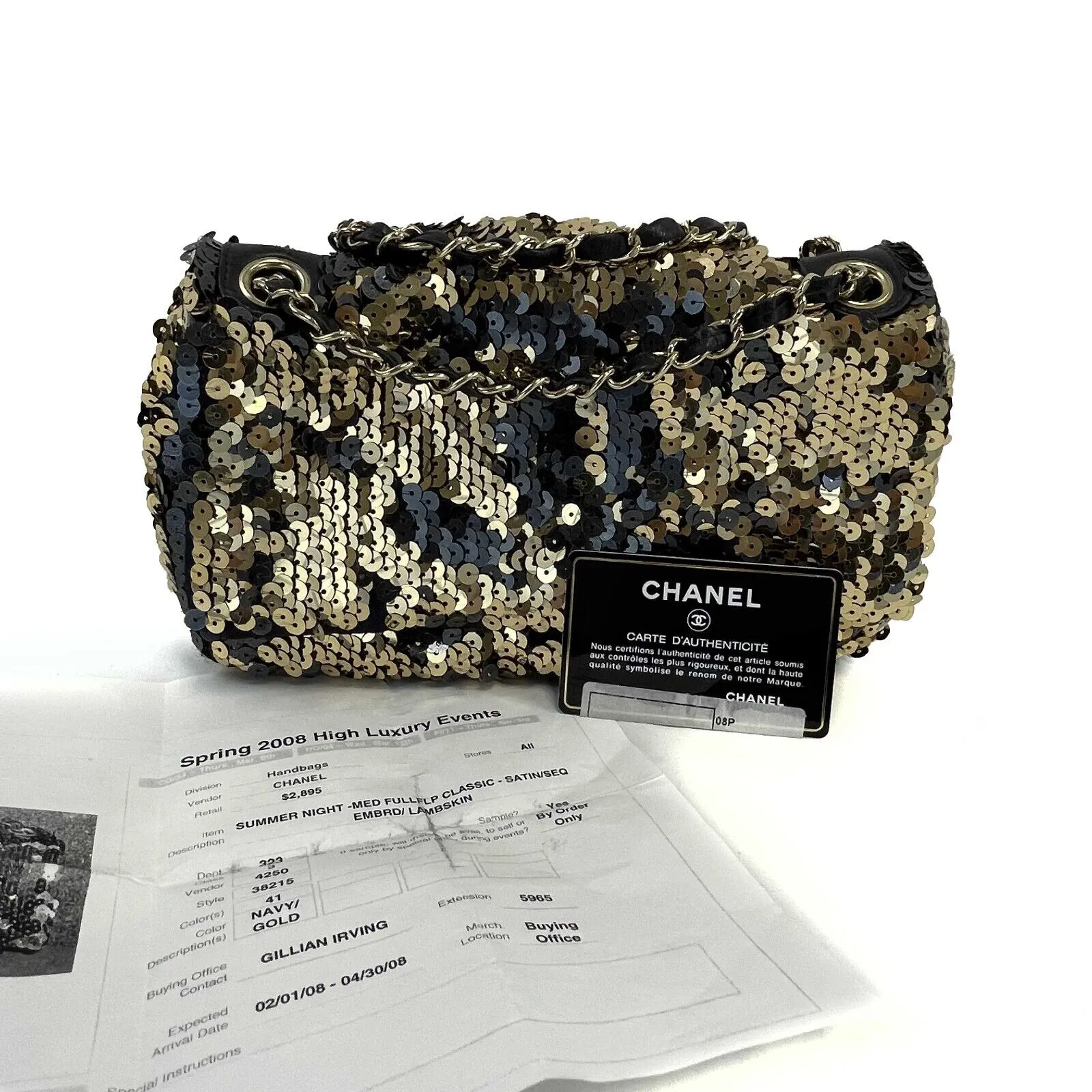 CHANEL - Summer Night Medium Flap Classic Satin/Sequin Black Gold Shoulder Bag