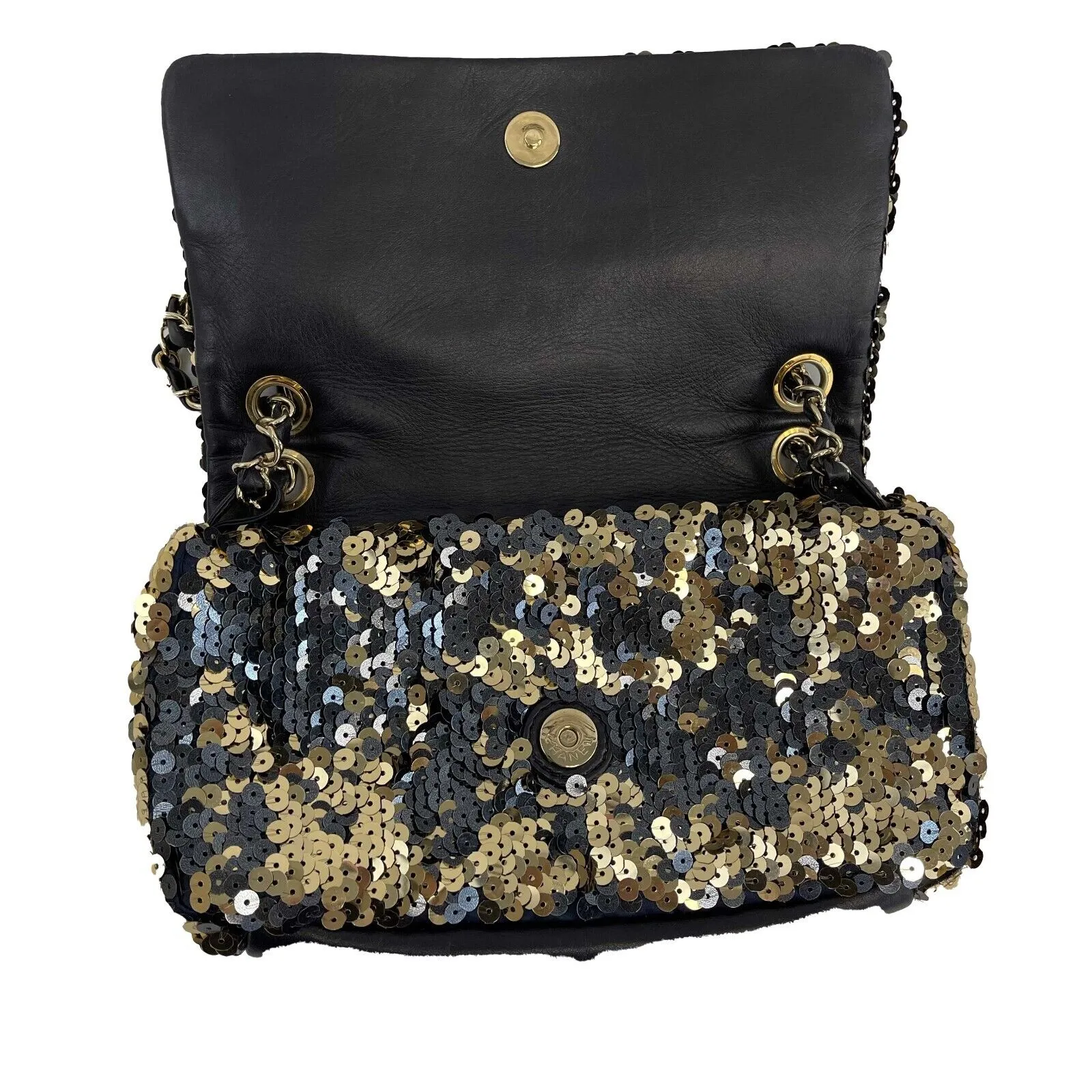 CHANEL - Summer Night Medium Flap Classic Satin/Sequin Black Gold Shoulder Bag