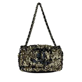 CHANEL - Summer Night Medium Flap Classic Satin/Sequin Black Gold Shoulder Bag