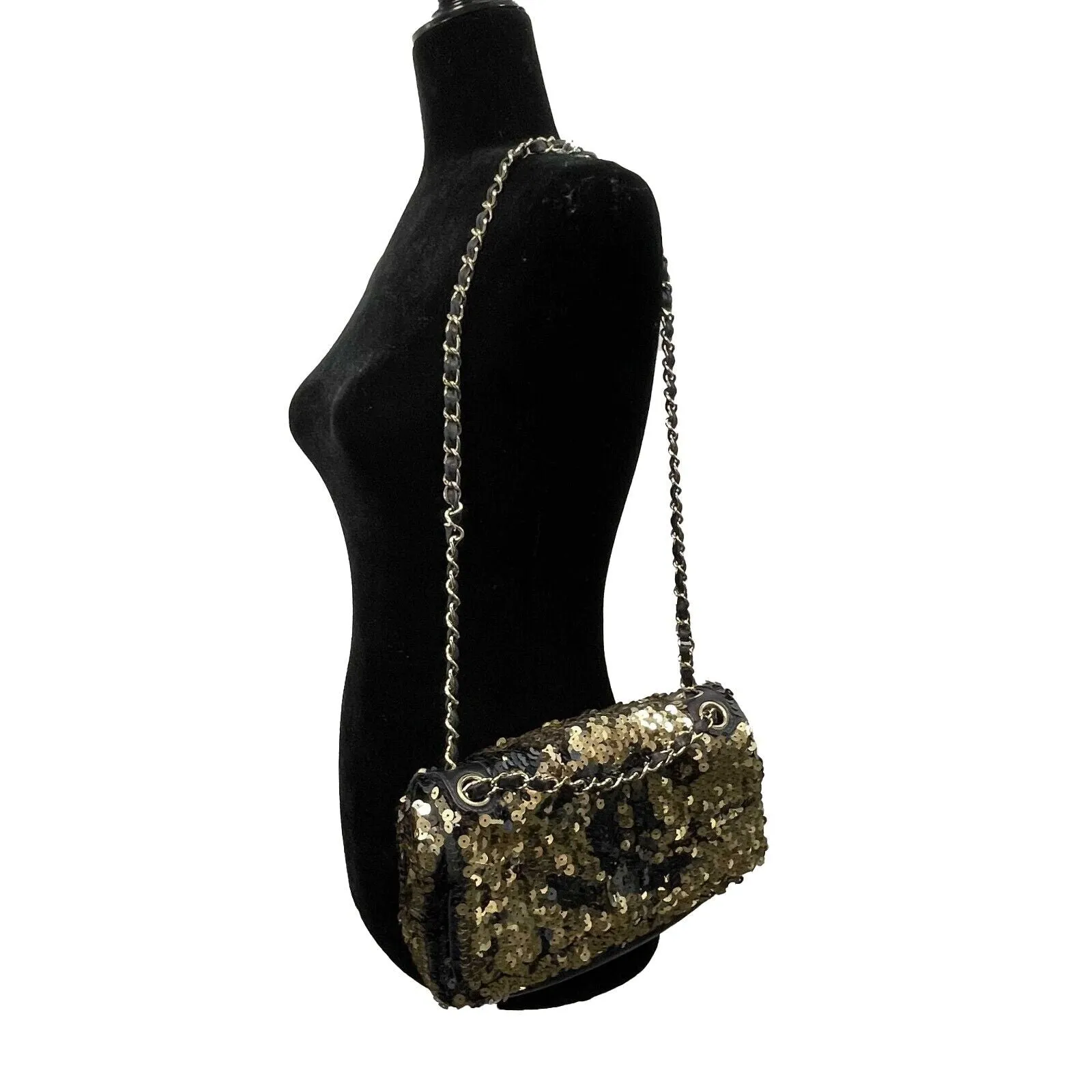 CHANEL - Summer Night Medium Flap Classic Satin/Sequin Black Gold Shoulder Bag