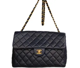 Chanel Vintage Jumbo Single Shoulder Flap Dark Blue Quilted Lambskin Charm Purse