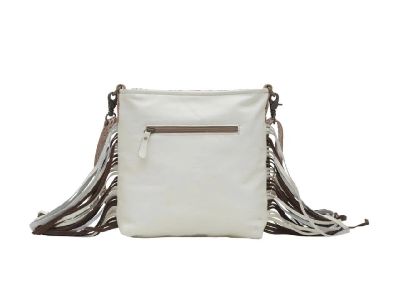 cowhide hand bag with leather strap and fringe