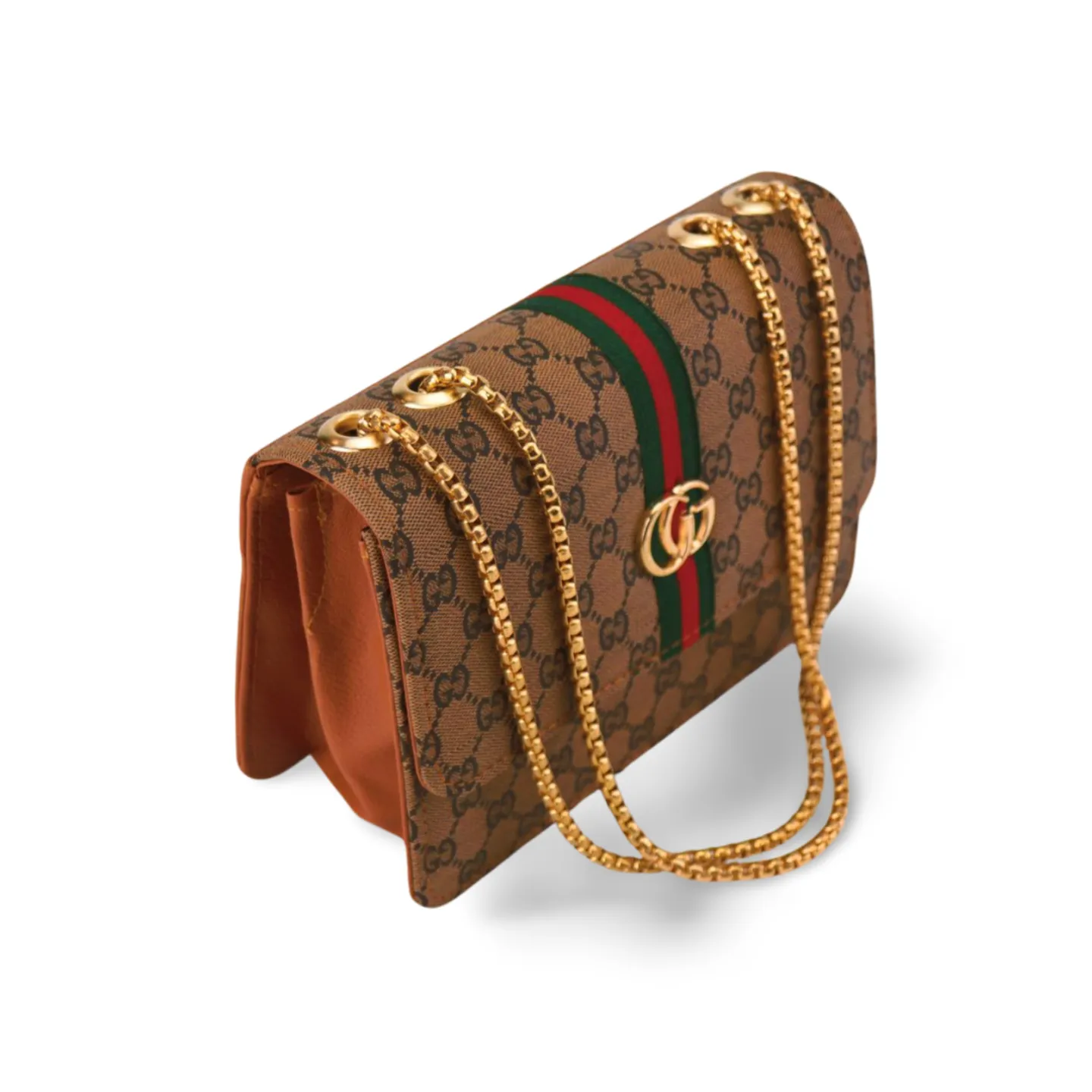 Crossbody Purse with Gold Chain and Green and Red Stripe