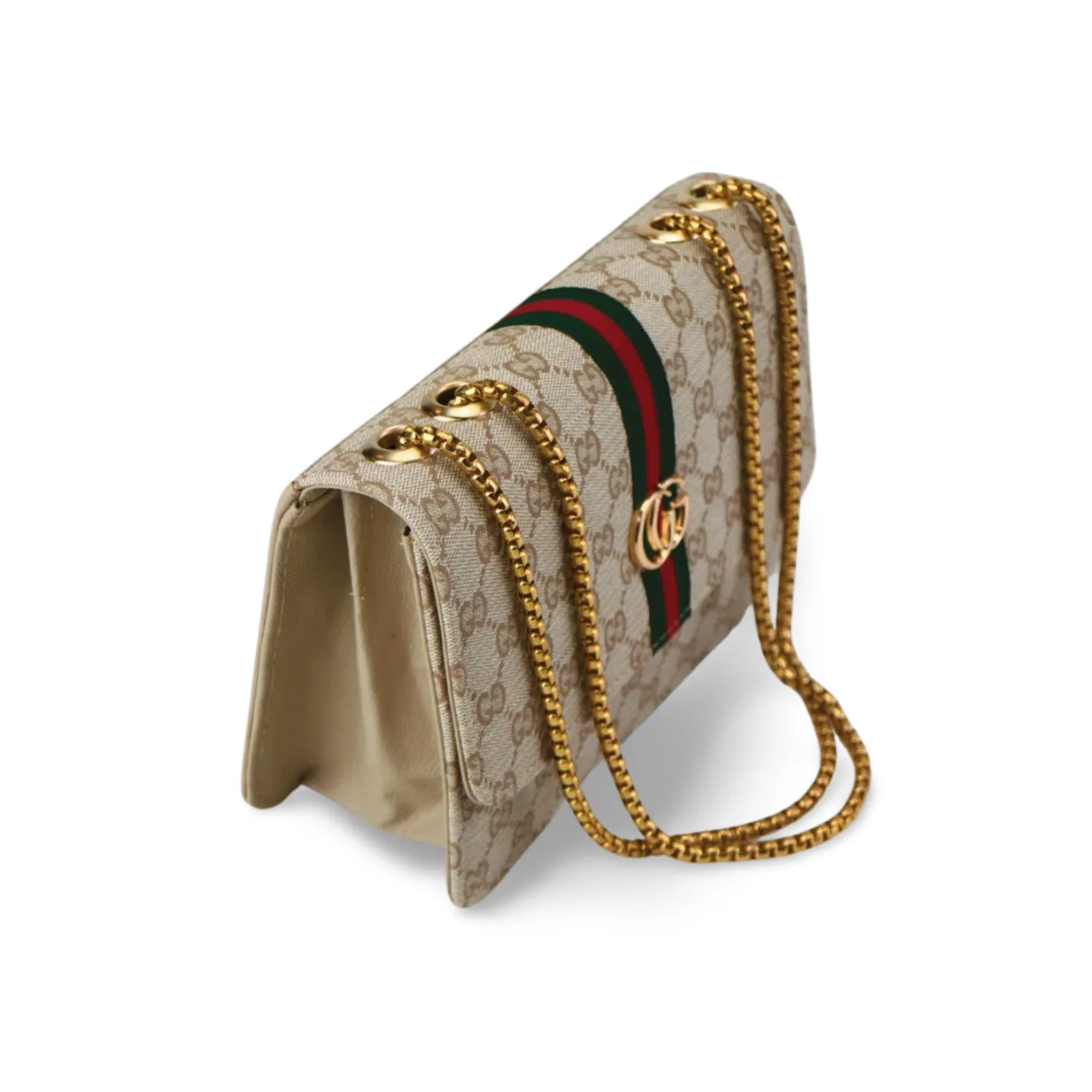 Crossbody Purse with Gold Chain and Green and Red Stripe