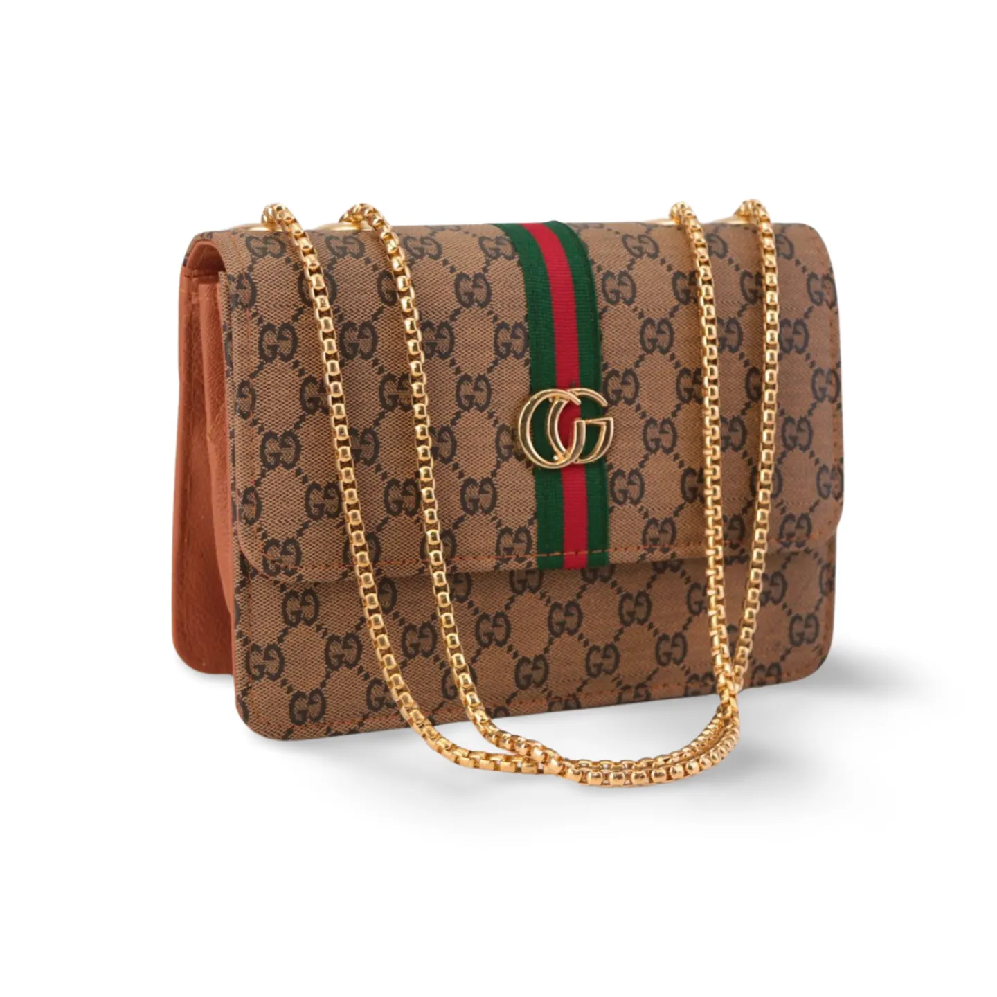 Crossbody Purse with Gold Chain and Green and Red Stripe