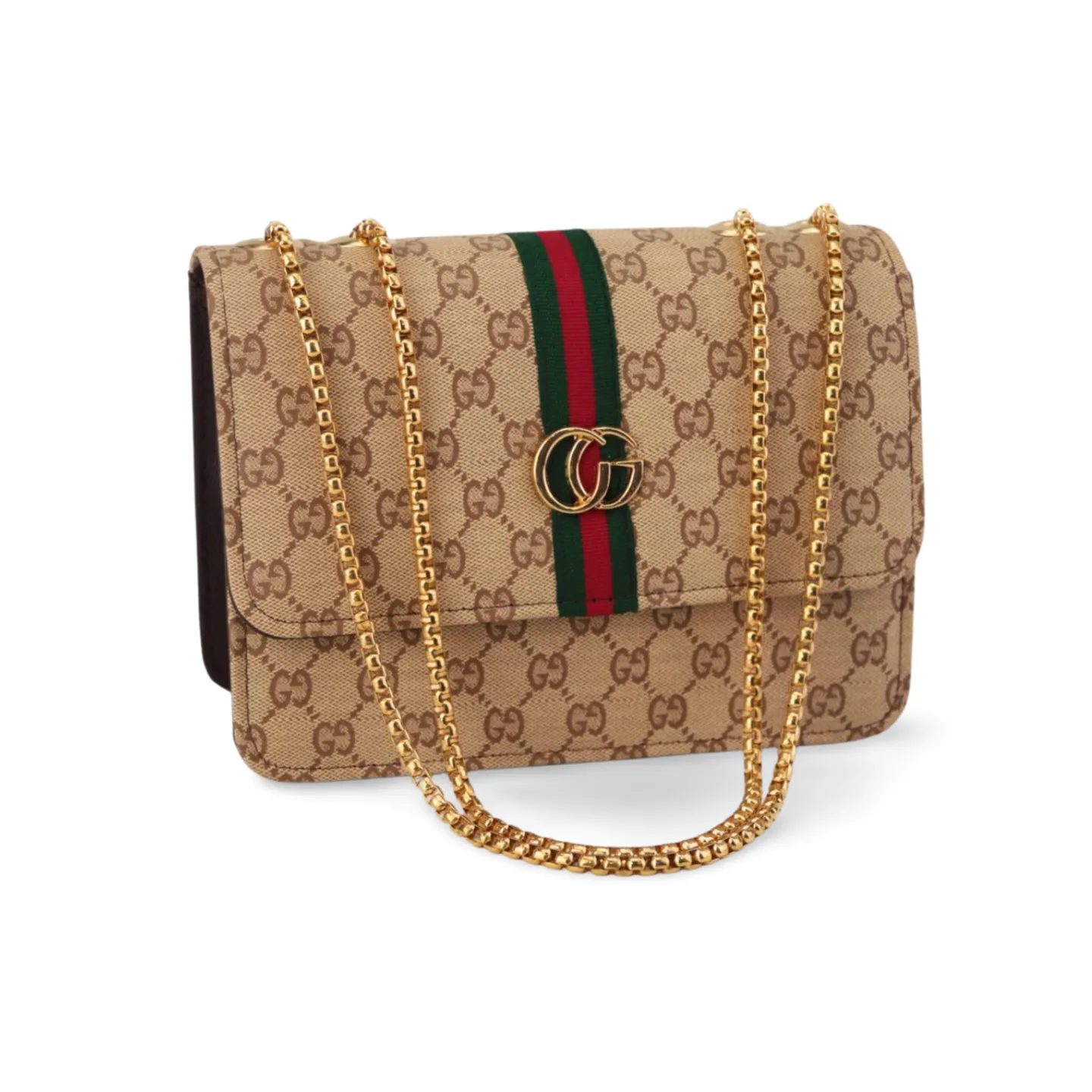 Crossbody Purse with Gold Chain and Green and Red Stripe