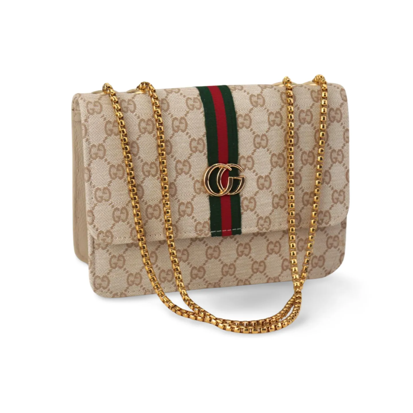 Crossbody Purse with Gold Chain and Green and Red Stripe