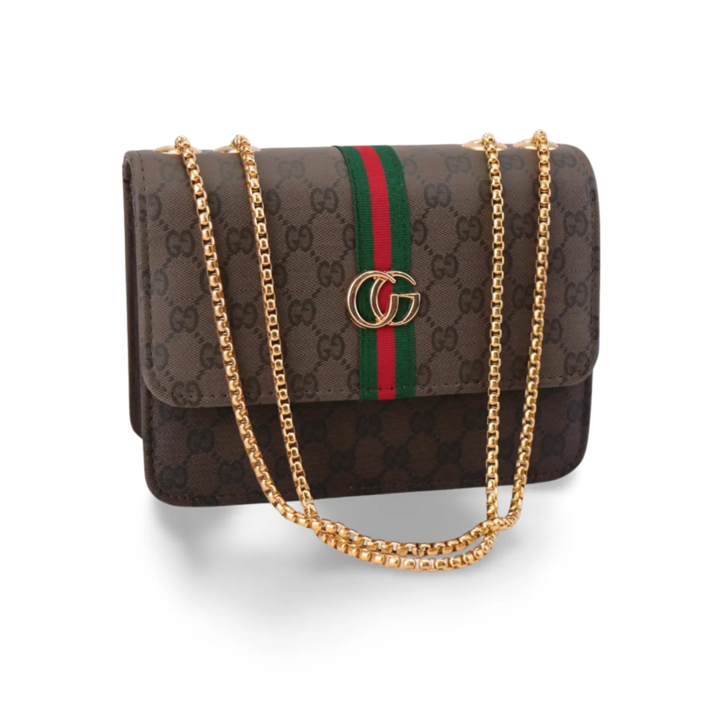 Crossbody Purse with Gold Chain and Green and Red Stripe