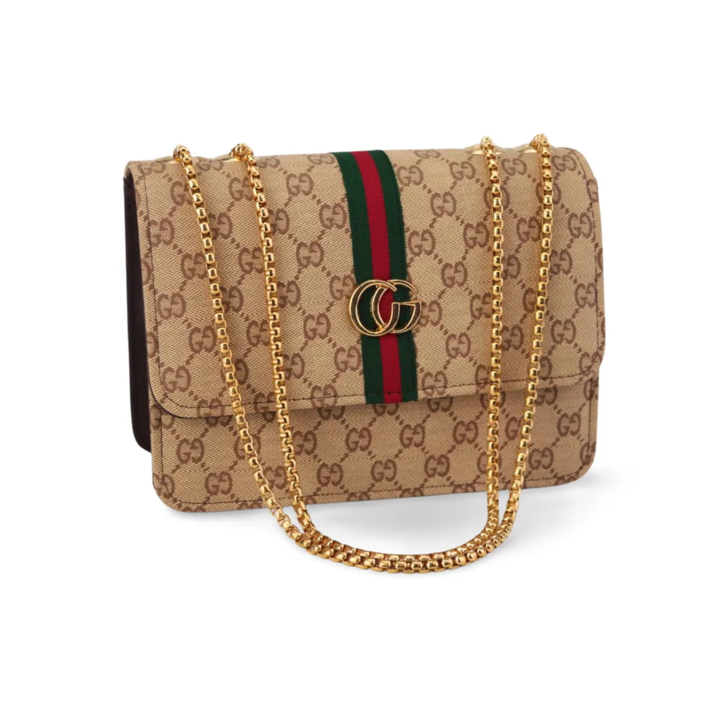 Crossbody Purse with Gold Chain and Green and Red Stripe