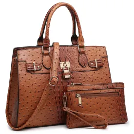 Dasein Ostrich Embossed Leather Brown Satchel with Wristlet (Women's)