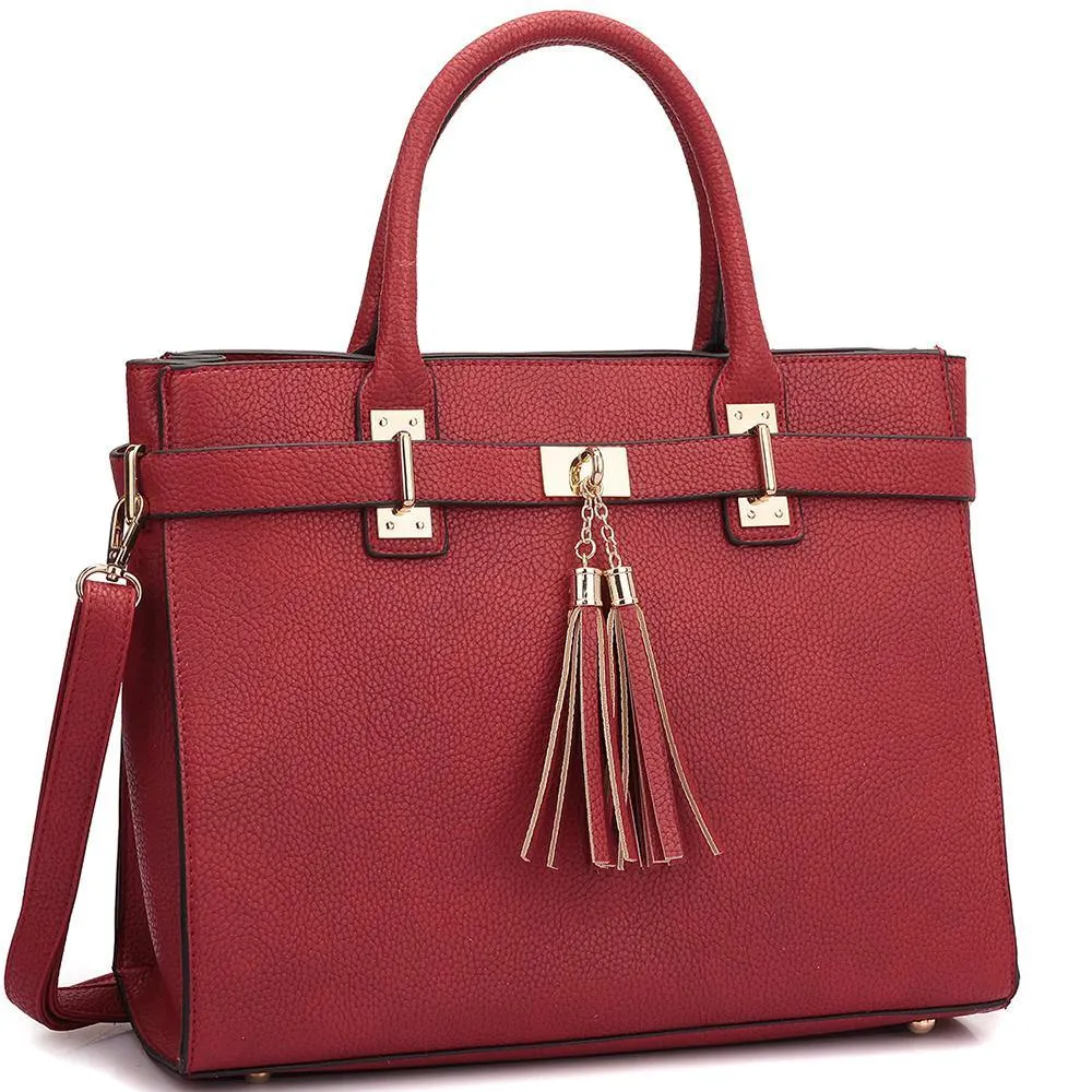 Faux Leather Double Tassel Satchel with Shoulder Strap