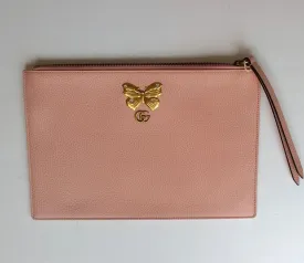 Gucci Butterfly GG Logo Shell Pink Leather Clutch Bag