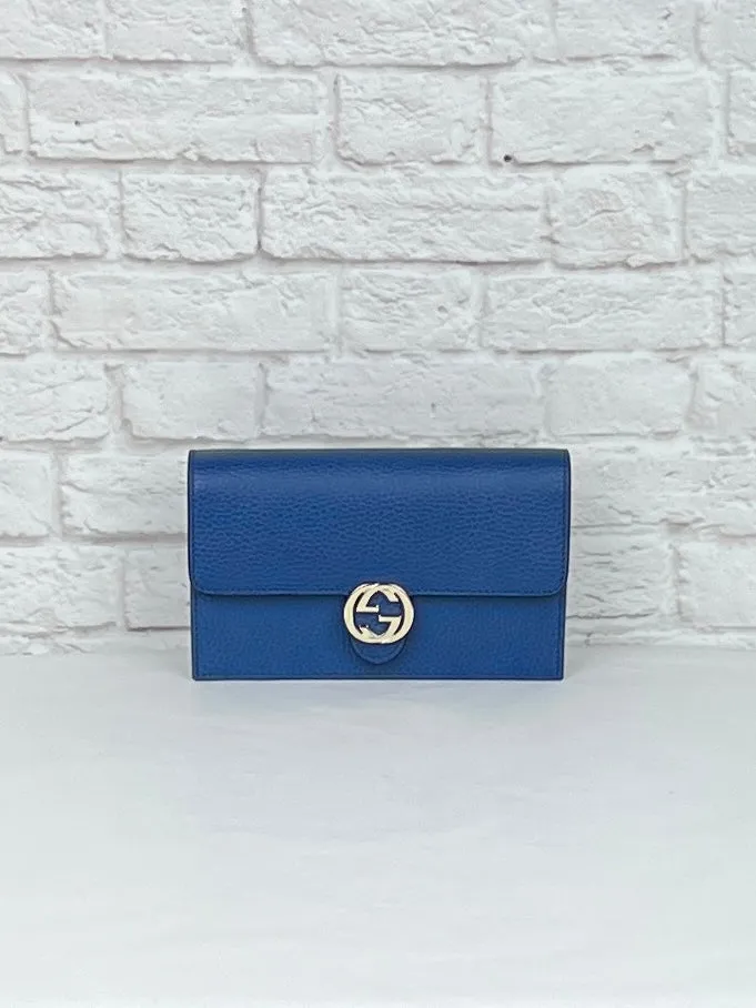 Gucci Dollar Calfskin Interlocking G Chain Wallet, Caspian Blue