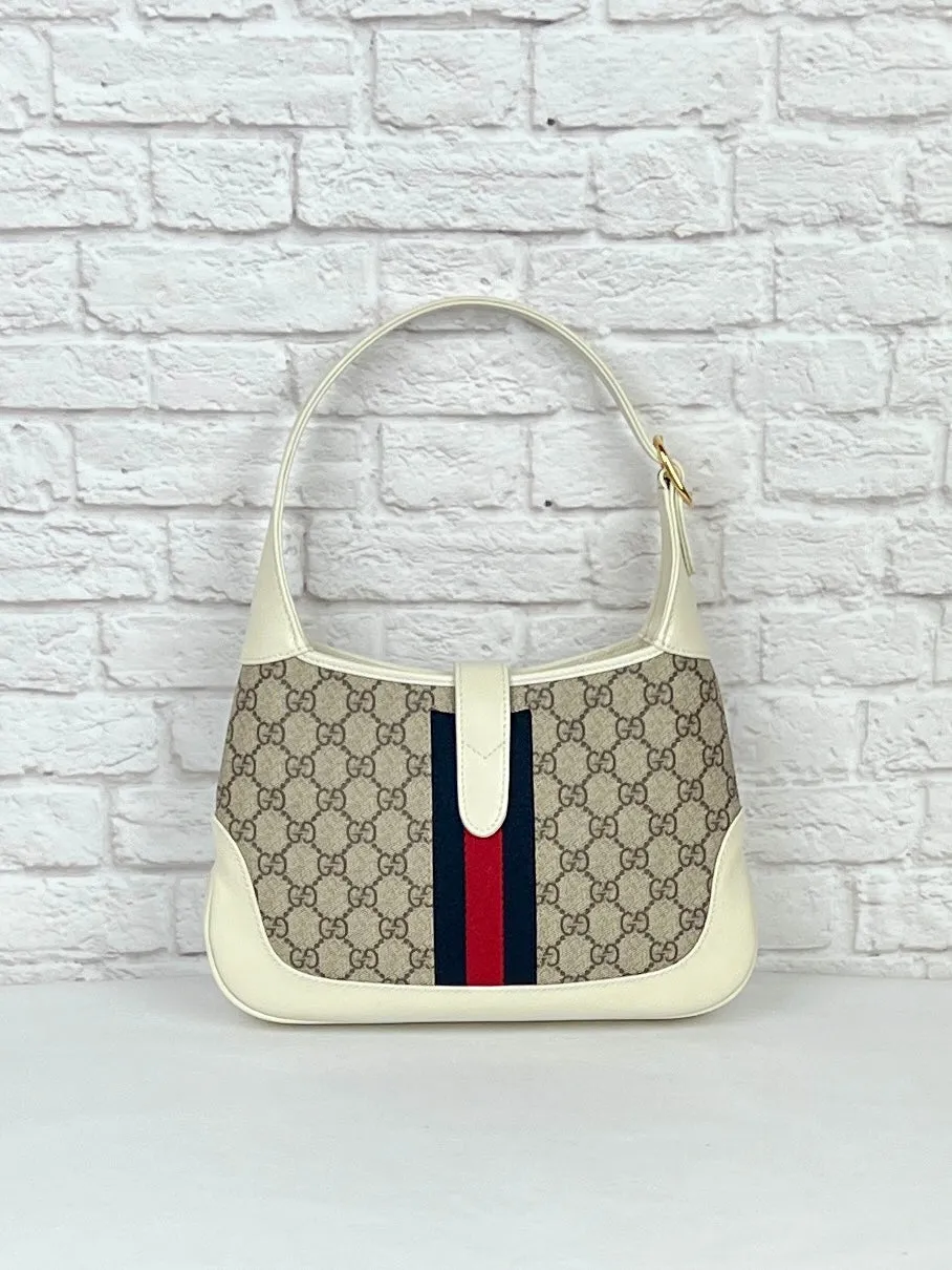 Gucci Jackie Web-trimmed Coated Canvas & Leather Shoulder Bag, New, Mystic White