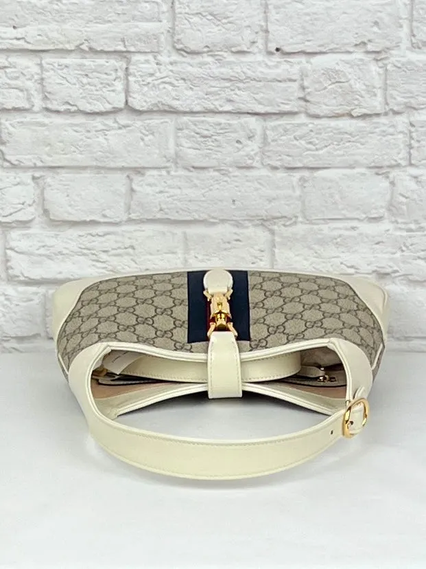 Gucci Jackie Web-trimmed Coated Canvas & Leather Shoulder Bag, New, Mystic White