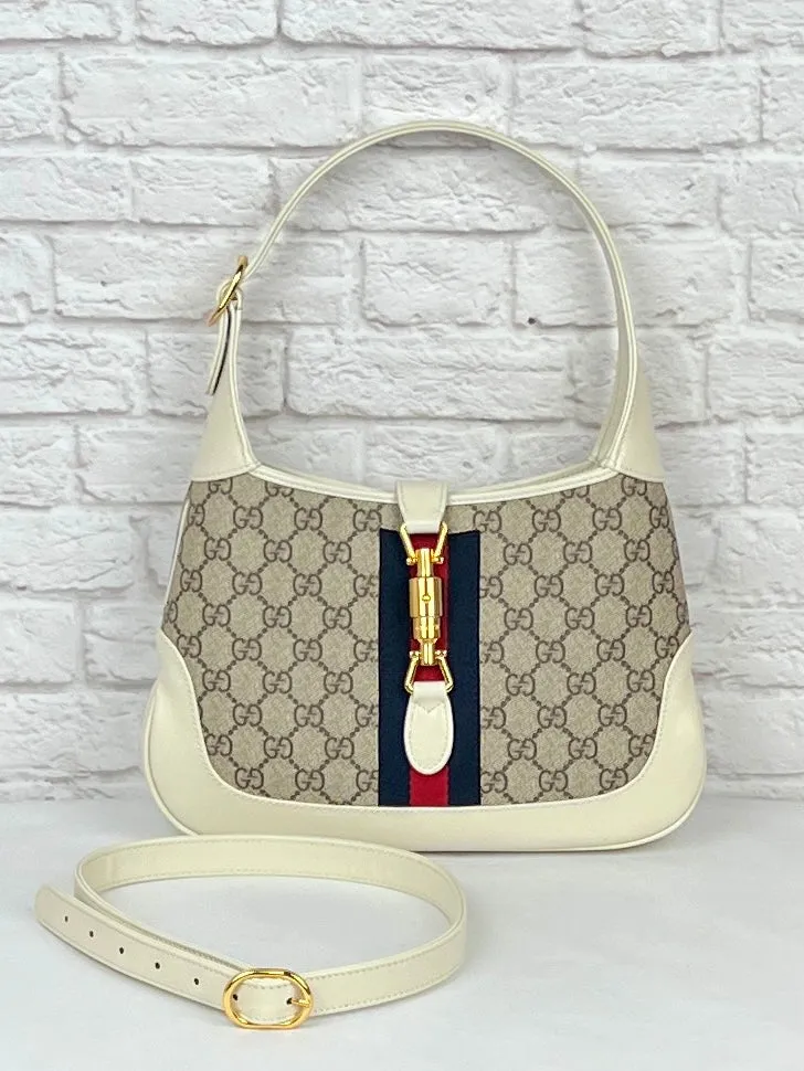 Gucci Jackie Web-trimmed Coated Canvas & Leather Shoulder Bag, New, Mystic White