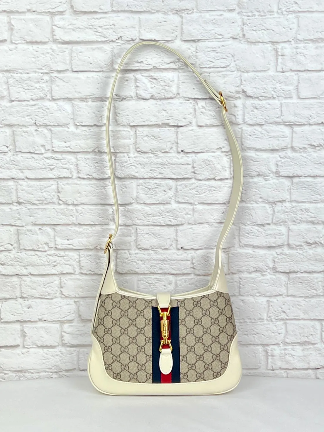 Gucci Jackie Web-trimmed Coated Canvas & Leather Shoulder Bag, New, Mystic White