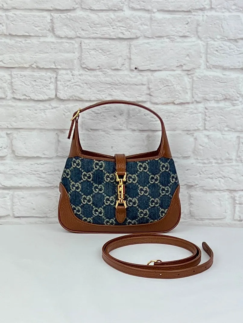 Gucci  New Denim GG Monogram Calfskin Mini Jackie 1961 Hobo,  Blue/Tea Cuir