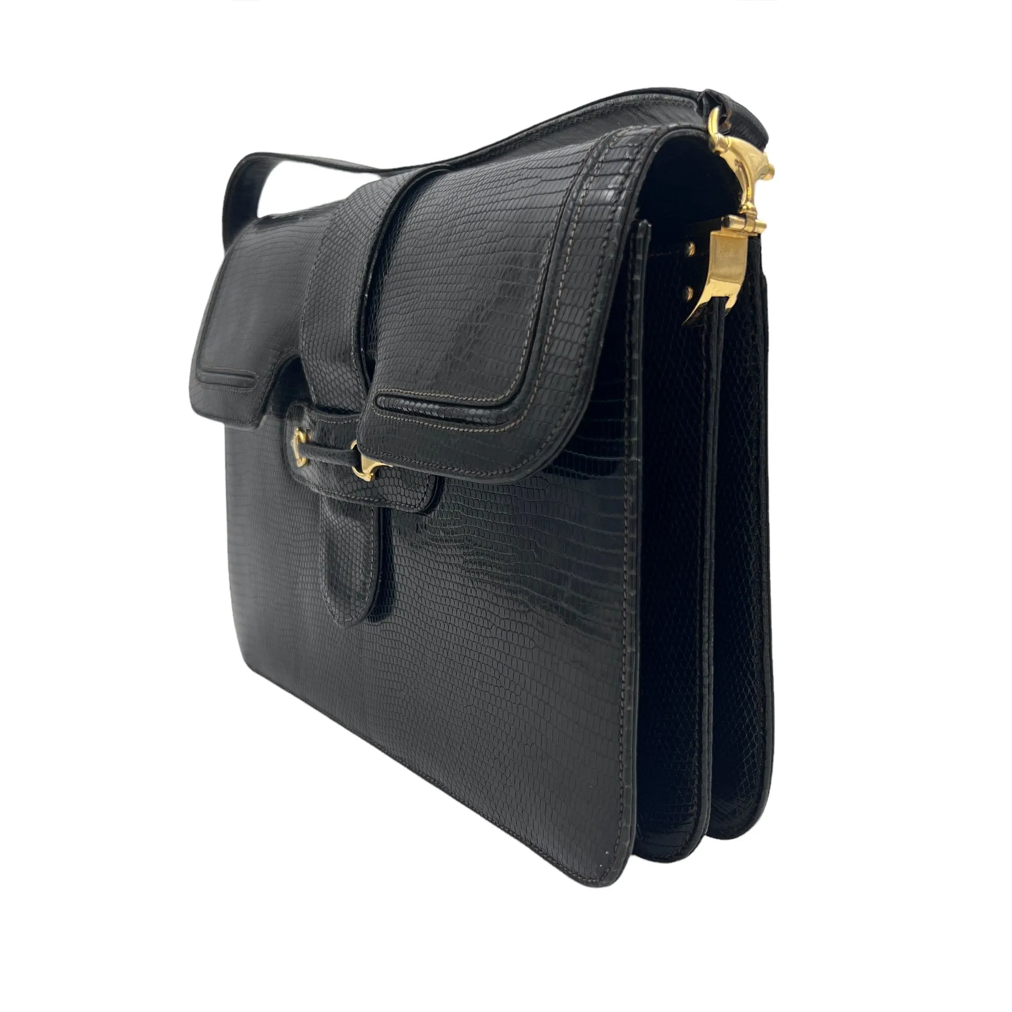 GUCCI Vintage Lizard Shoulder Bag - Black