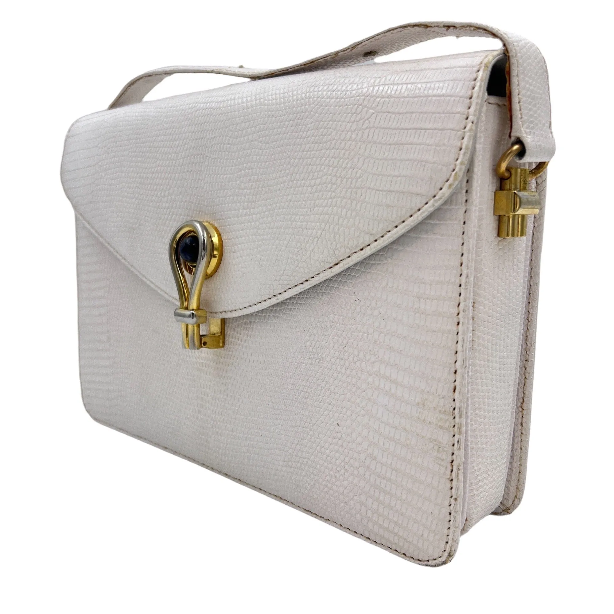 GUCCI Vintage Lizard Shoulder Bag - Off-White