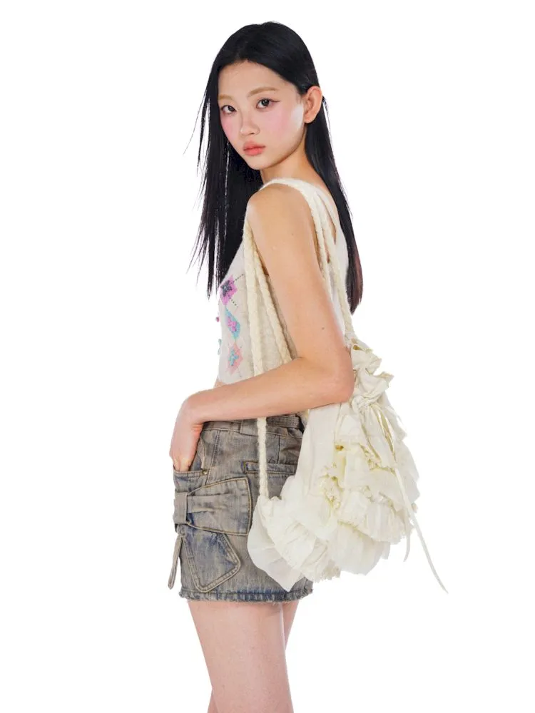 Lace Design Ribbon Drawstring Shoulder Bag【s0000008596】