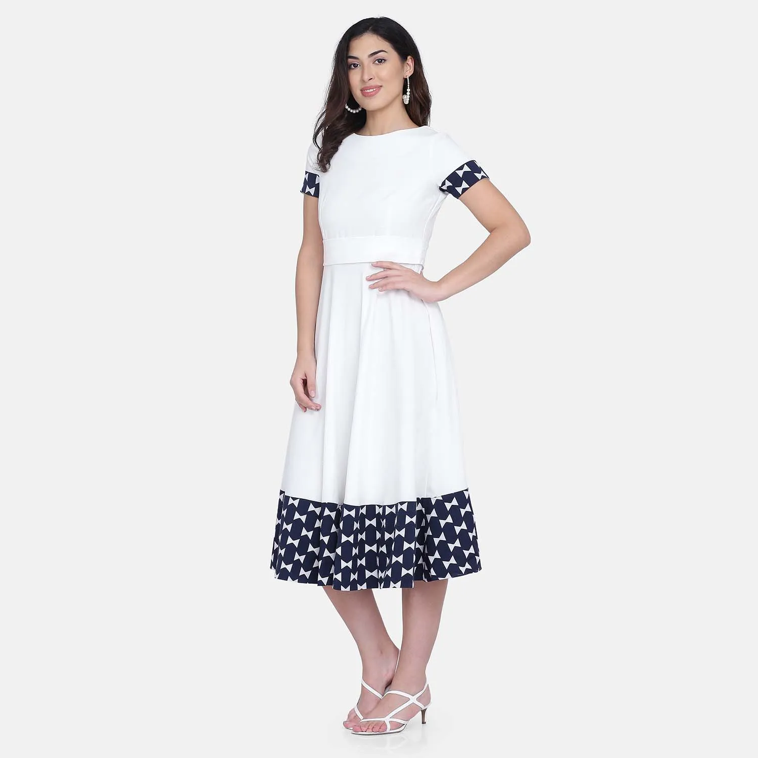 Ladies White Poly Crepe Short sleeves Fit n Flare Dress