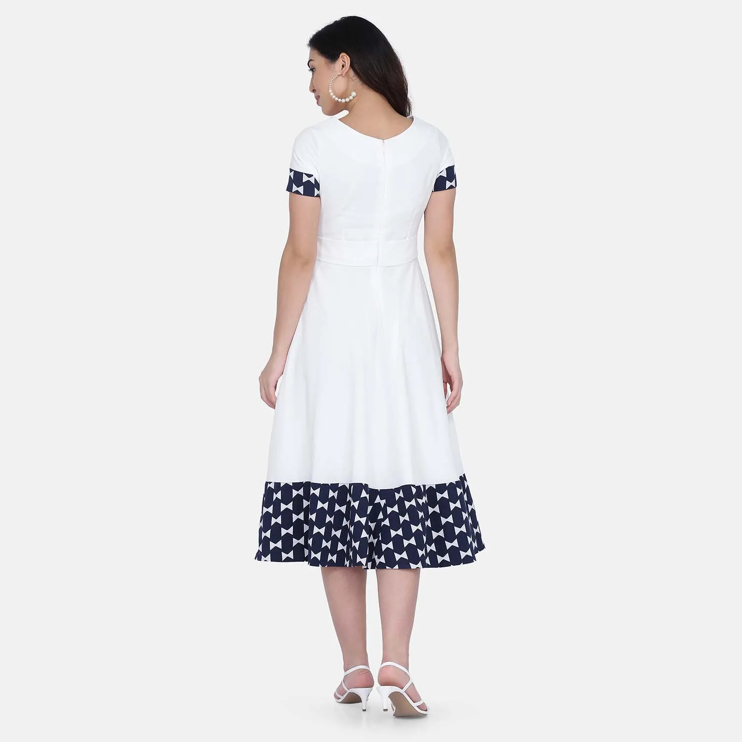 Ladies White Poly Crepe Short sleeves Fit n Flare Dress