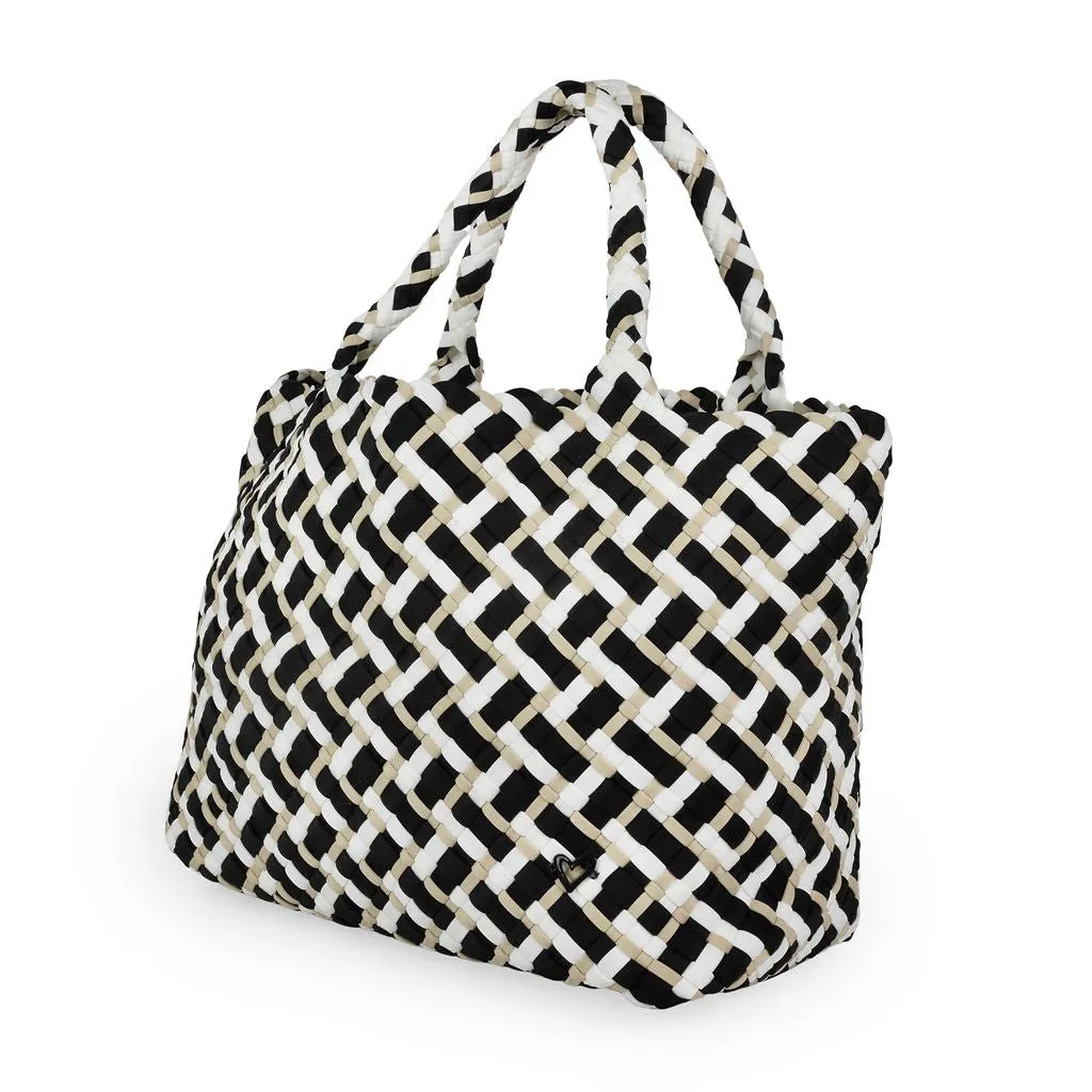 London Large Woven Tote - Tri Mix Black, Tan & White