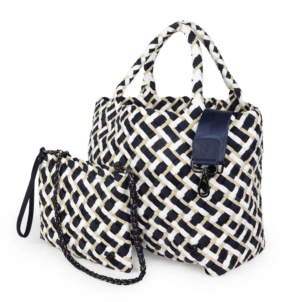 London Large Woven Tote - Tri Mix Navy, Tan & White