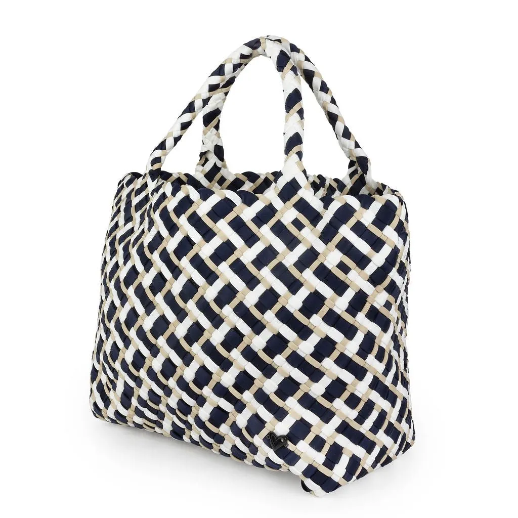 London Large Woven Tote - Tri Mix Navy, Tan & White