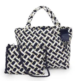 London Large Woven Tote - Tri Mix Navy, Tan & White