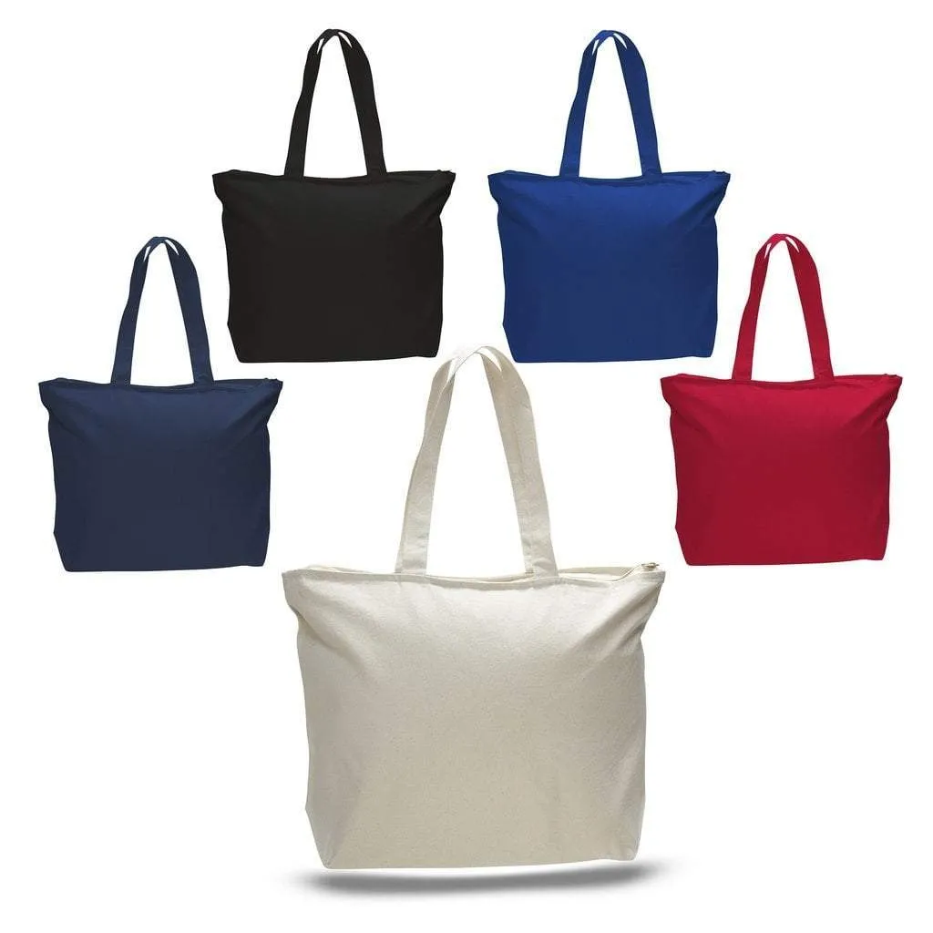 LONG HANDLES HEAVY ZIPPERED CANVAS TOTE BAG