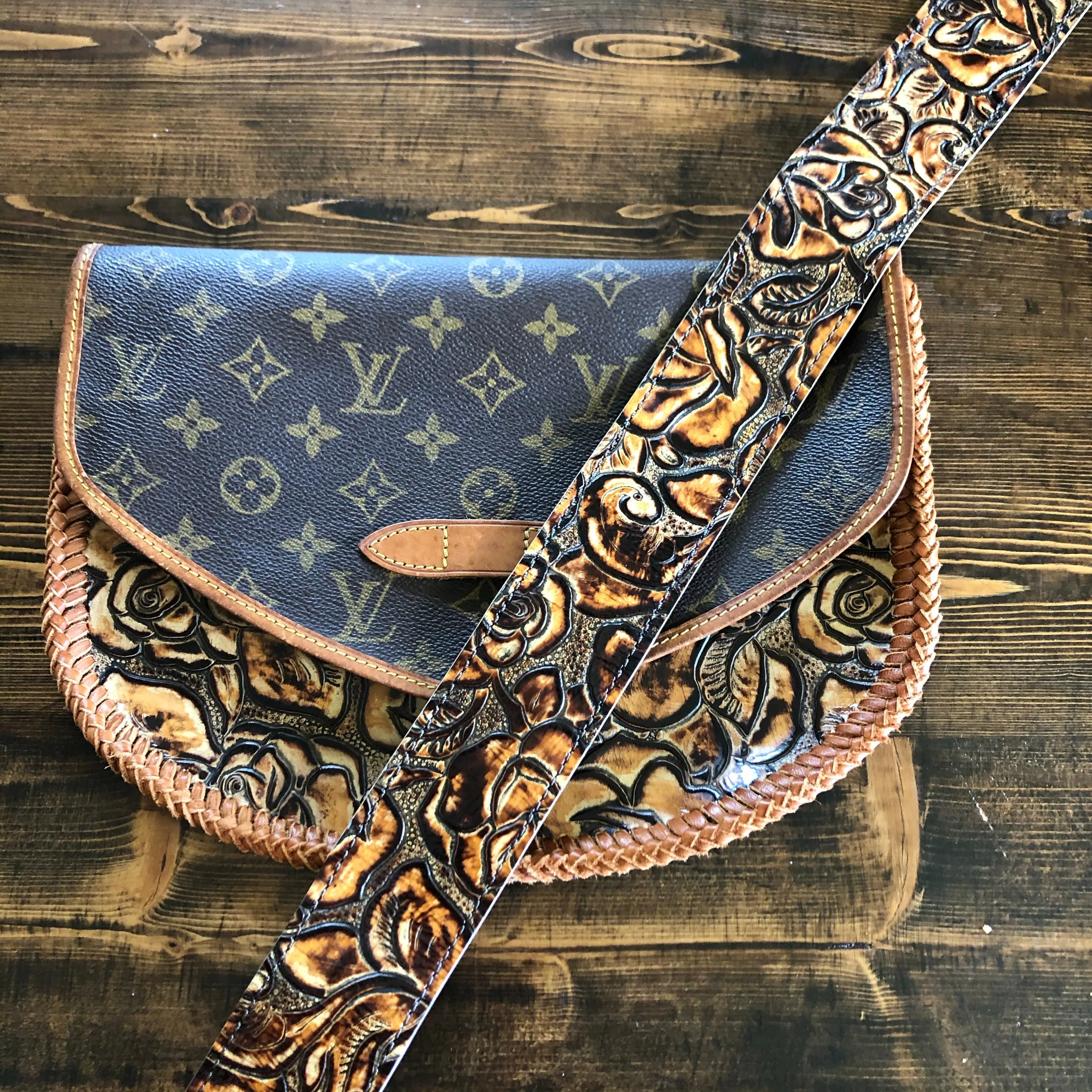 The Peacock Shoulder Bag - Vintage Monogram with Caramel Tooled Leather