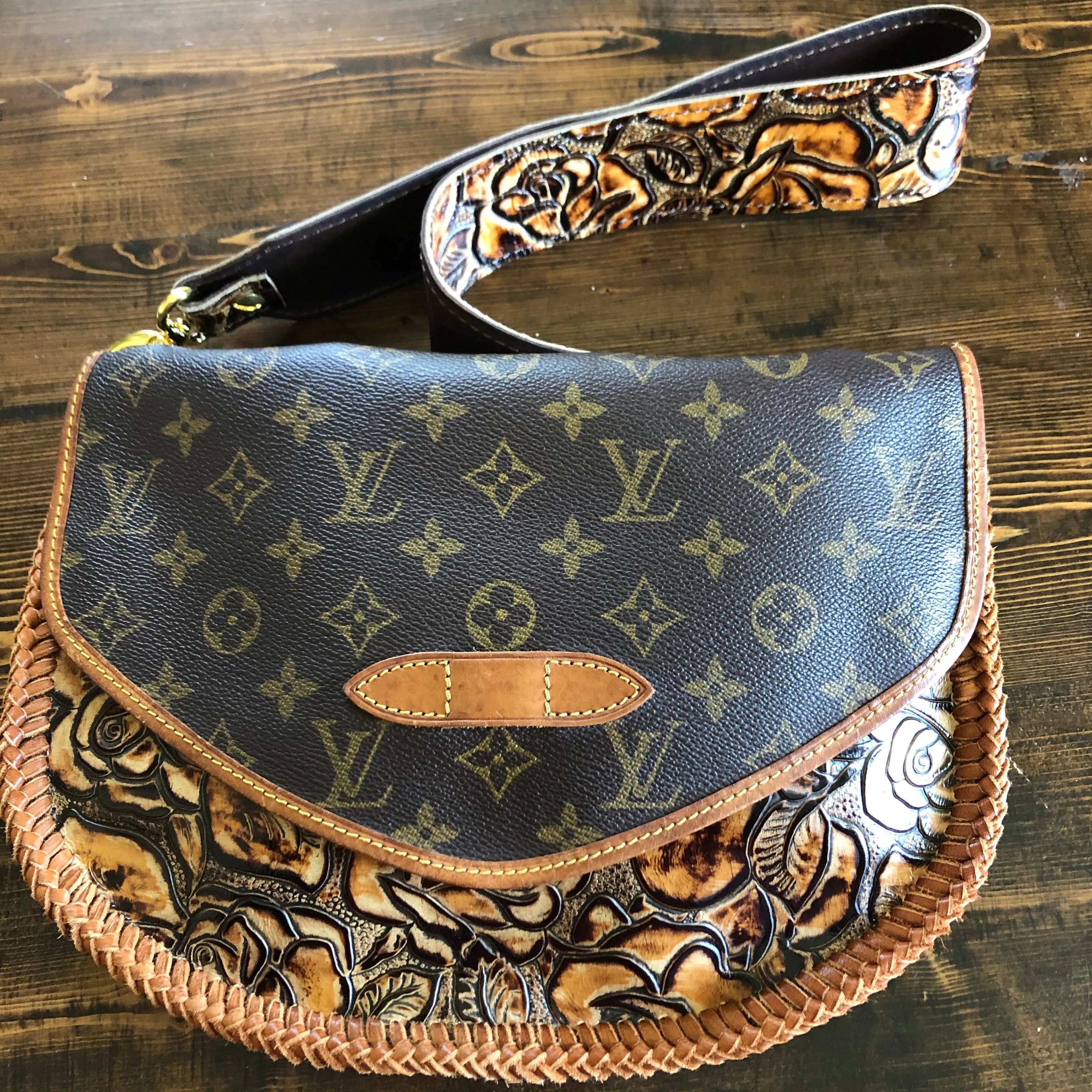 The Peacock Shoulder Bag - Vintage Monogram with Caramel Tooled Leather