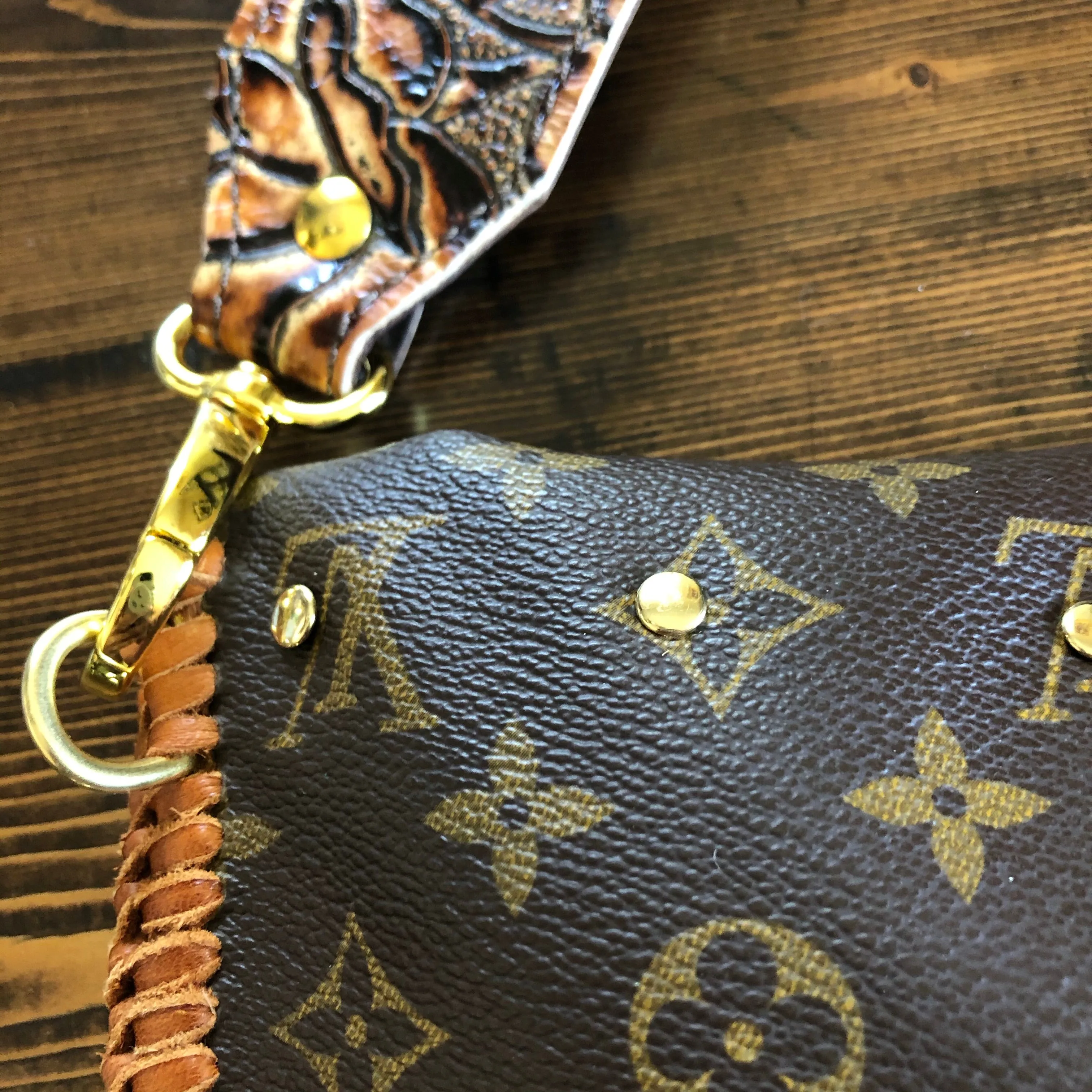 The Peacock Shoulder Bag - Vintage Monogram with Caramel Tooled Leather