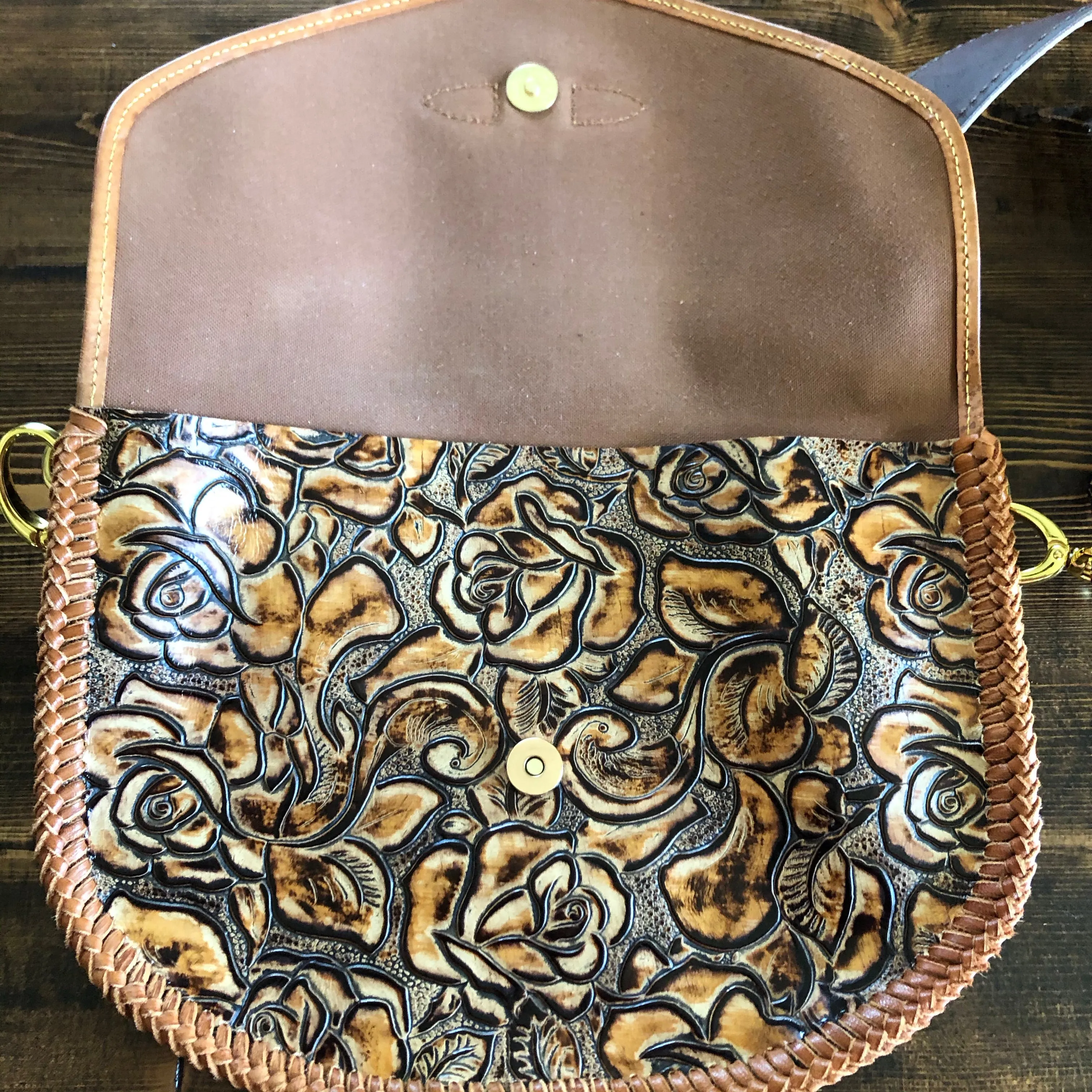 The Peacock Shoulder Bag - Vintage Monogram with Caramel Tooled Leather