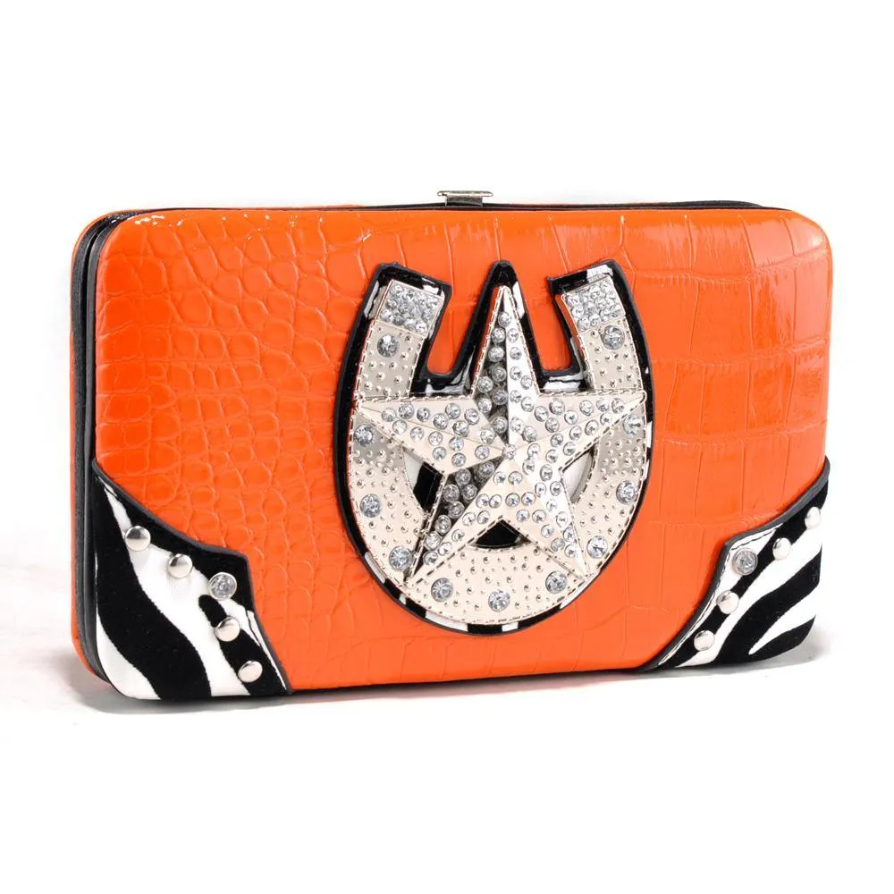 Western Frame Wallet with Star Horseshoe Emblem and Zebra Print Trim