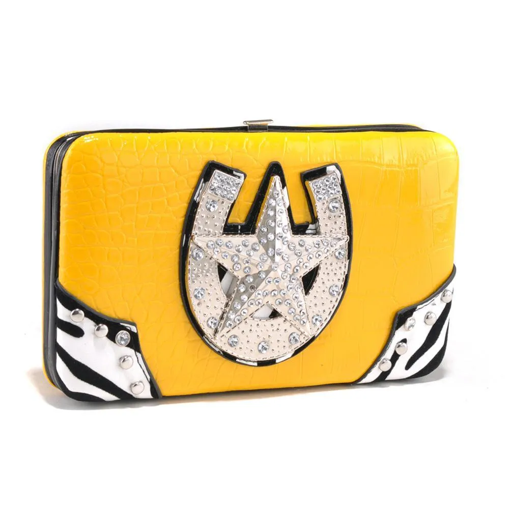 Western Frame Wallet with Star Horseshoe Emblem and Zebra Print Trim